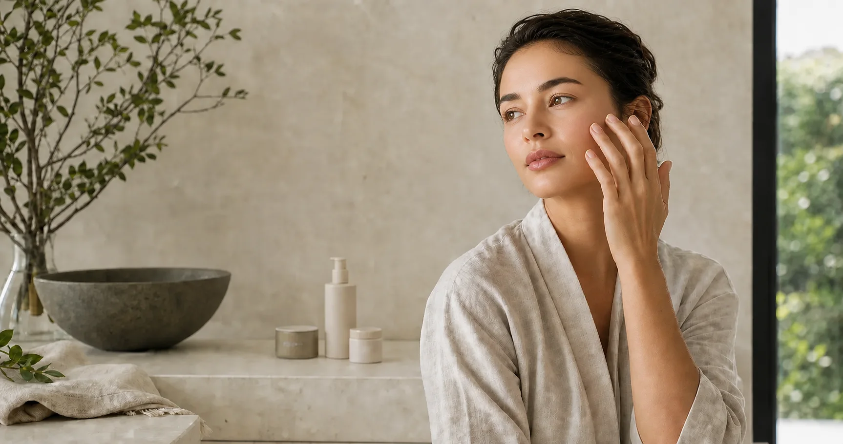 A woman in a linen robe applying skincare to her cheek in a calm, stone-toned bathroom lit by morning daylight.