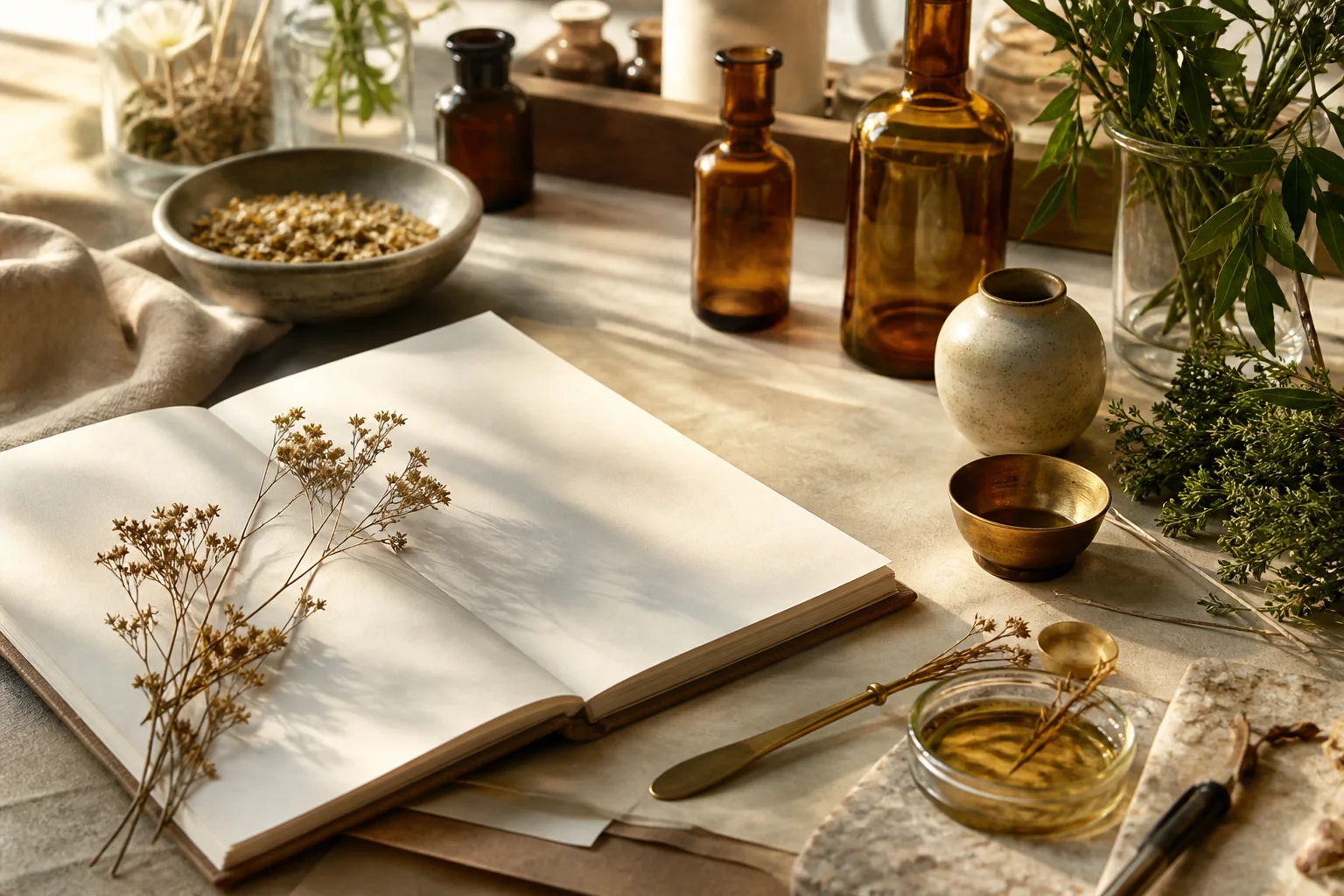 A sunlit worktable holding an open notebook, dried botanicals, amber glass bottles and small ceramic vessels.